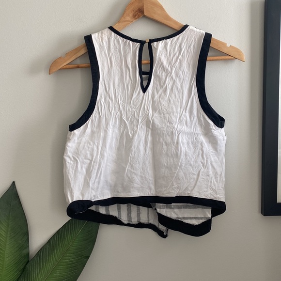 Unique Black and White Striped Asymmetrical Linen Blend Cropped Top - Picture 2 of 10